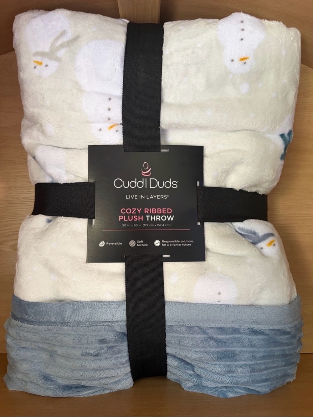 ✨$20✨NWT•Cuddl Duds Cozy Ribbed Plush Throw | Reversible |Blue Snowman | 50”x60”